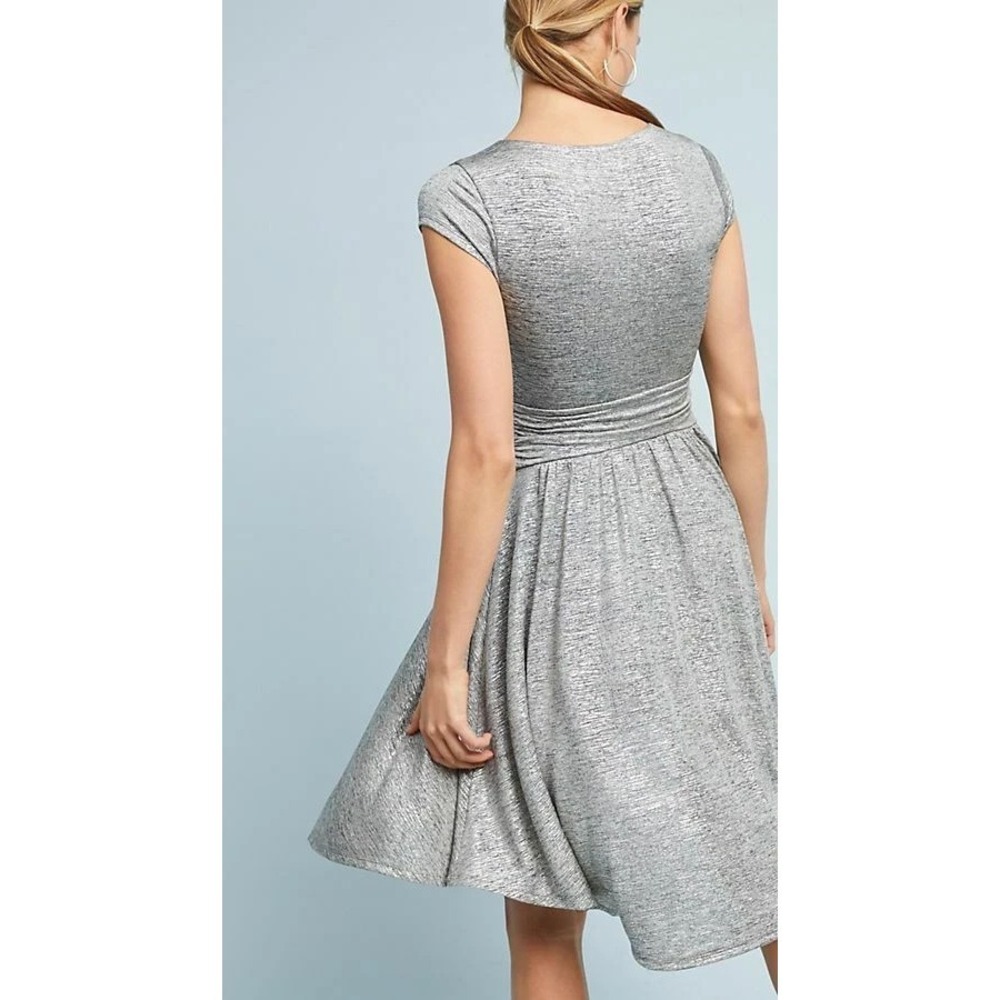 Maeve  x Anthropologie Tamera Metallic Silver Shimmer Jersey Dress Faux Wrap XS - Picture 12 of 16